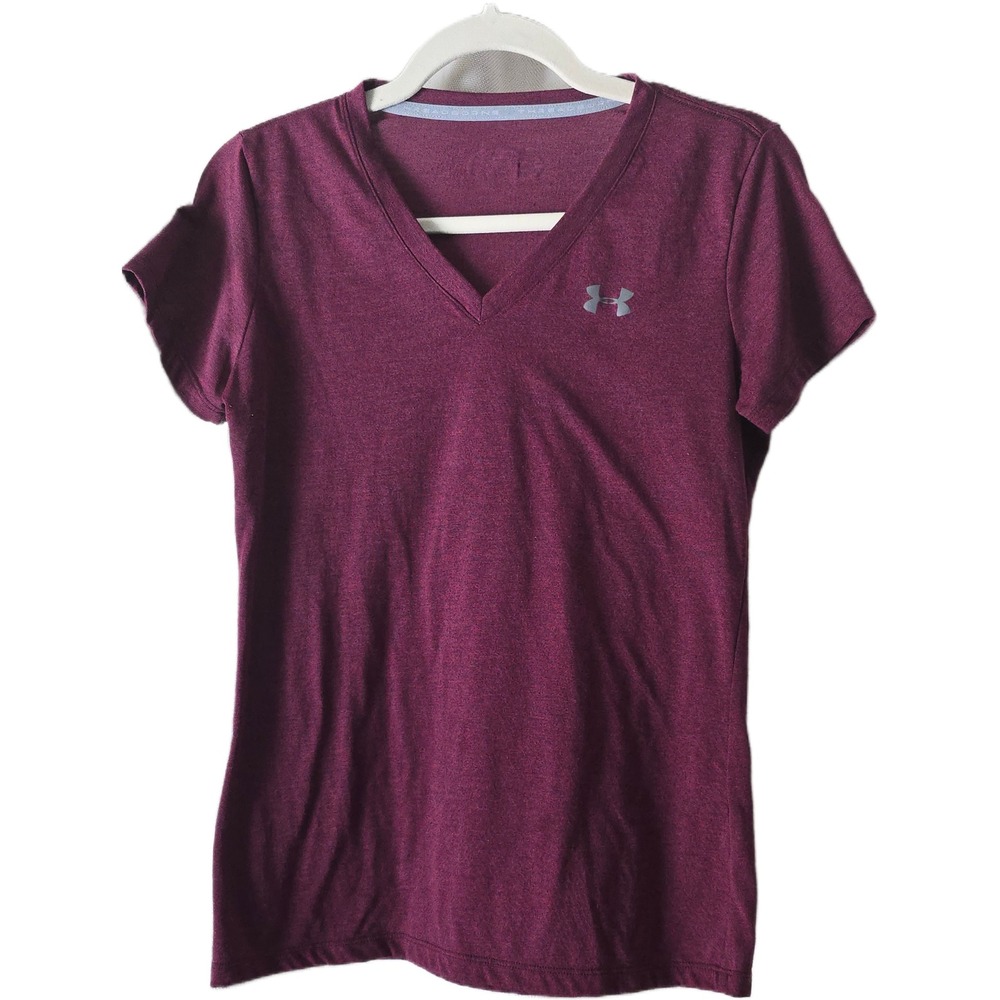 Under Armour Womens HeatGear V-Neck Short Sleeve Athletic T-Shirt Maroon Heather